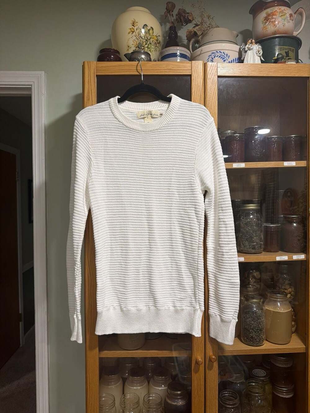 H&M L.O.G.G. Men's Off-White Textured Horizontal Ribbed Knit Crewneck Cotton Swe